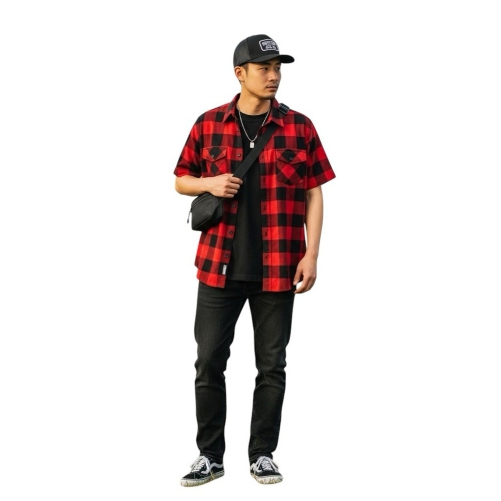 Akademiks Red Black Buffalo Plaid Short Sleeve Button Up Shirt Men's XL Street